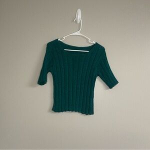 Green Ribbed Knit Sweater Elbow Length Sleeve Stretchy Vintage